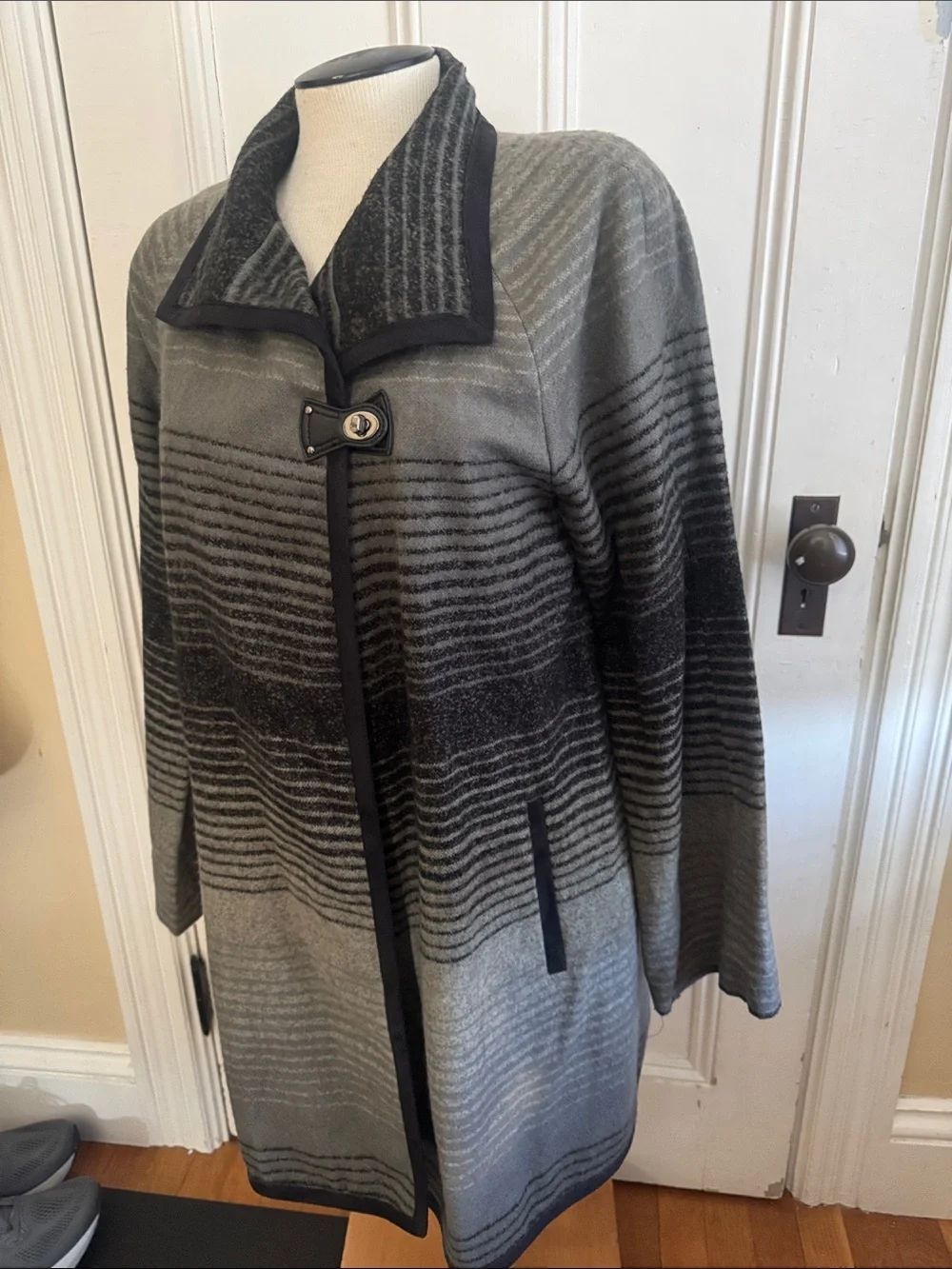 Liz Claiborne Gray Striped Toggle-Front Jacket Coat